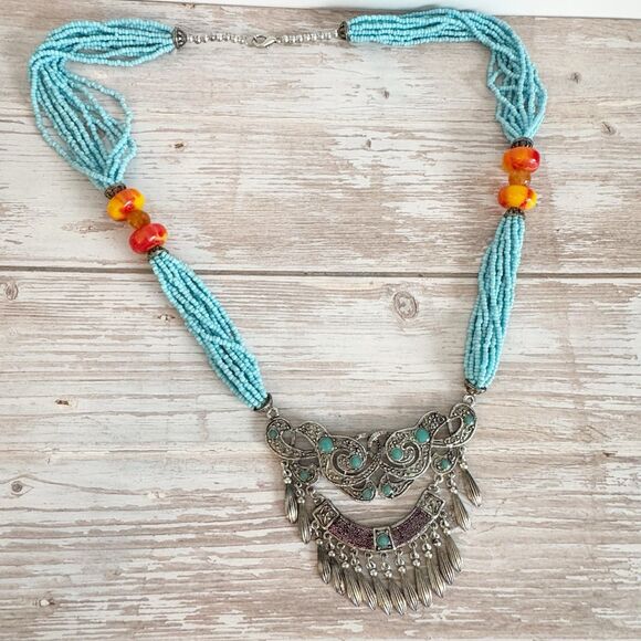 Chunky Boho Southwest Necklace Turquoise Seed Beads Faux Coral Large Pendant - Picture 9 of 10